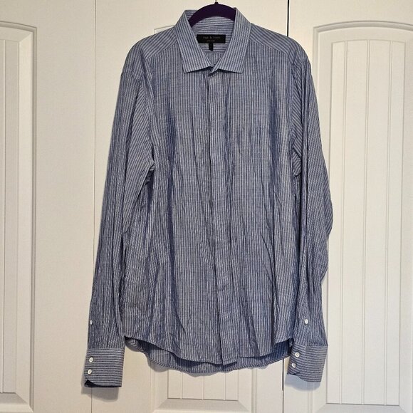 Men's Rag & Bone Blue and White Striped Button‎ Up Shirt Hidden Buttons Size 17 - Picture 1 of 10